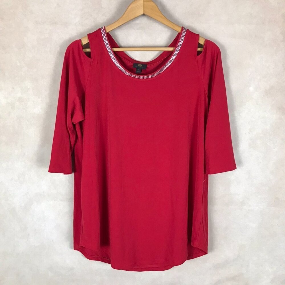 JM COLLECTION Red Cold-Shoulder Studded Knit Top NEW 0X - Picture 3 of 14